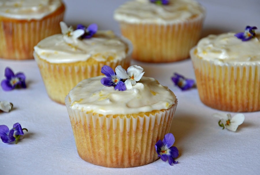 Lemon Cupcakes Decorated with Wild Violets