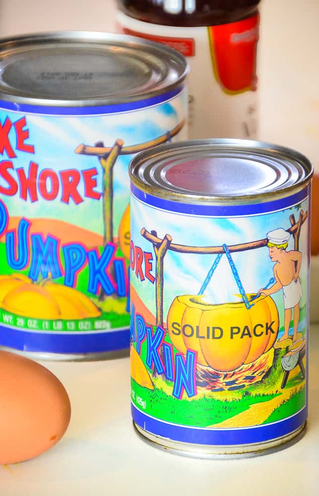 A 15-ounce can on Lake Shore Solid Pack Pumpkin sitting on a kitchen counter with an egg in the background. 