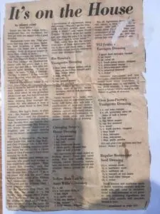 A Rochester New York newspaper clipping featuring house salad dressing recipes from local restuarants. 