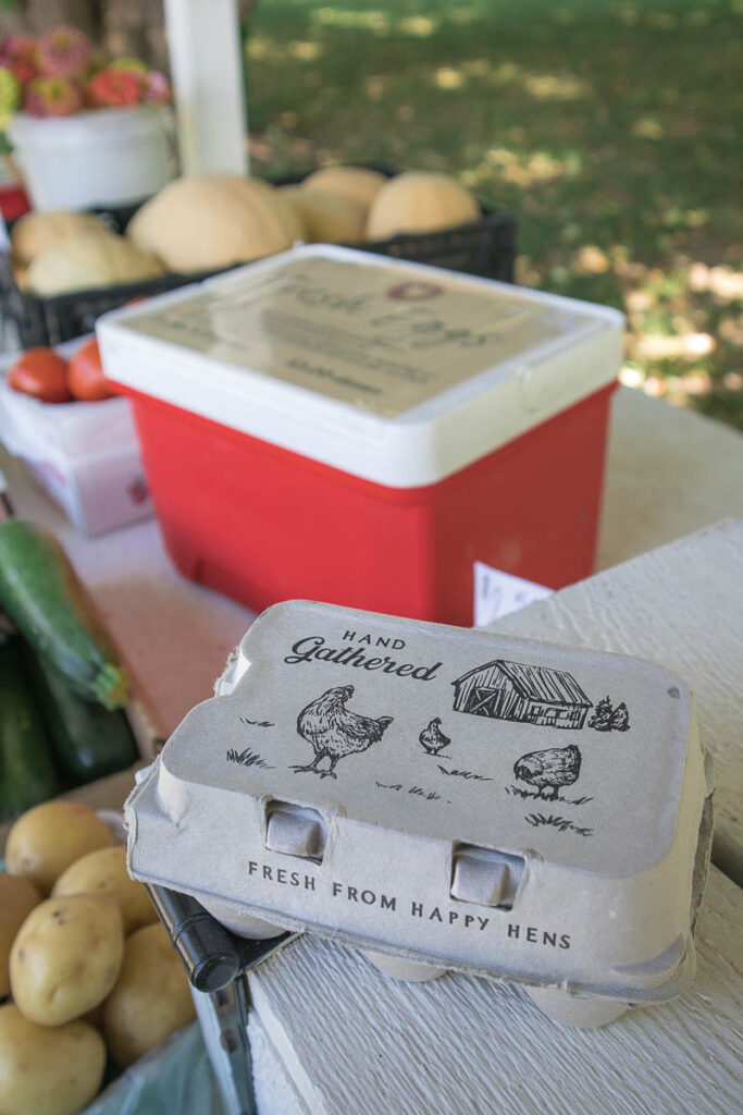 A half a dozen carton of Fram fresh eggs for sale on a roadside farm stand. The cardboard carton reads: Hand gathered fresh from happy hens. A cooler is in the background.