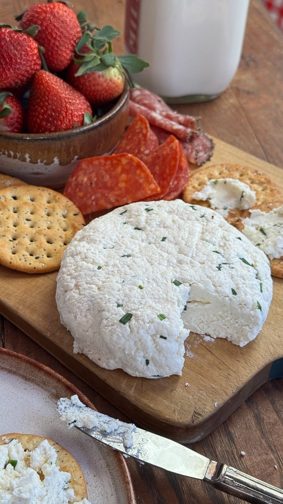 Rustic charcuterie board with a homemade herbed farmers cheese wheel, fresh strawberries, salami, crackers, and a glass milk bottle